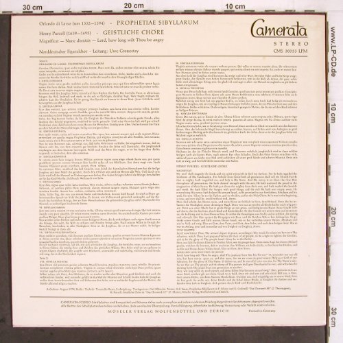 Di Lasso,Orlando / Henry Purcell: Prophetiae Sibyllarum/Geistl.Chöre, Camerata (CMS 300 53), D, 1974 Typ: LP Best.-Nr.: K1258 Preis: 7,50 Euro