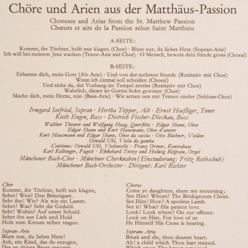 Bach,Johann Sebastian: Mathäus-Passion-Chöre u.Arien, Deutsche Gramophon(LPEM 19 233), D, Mono, 1966 - LP - K1286 - 12,50 Euro