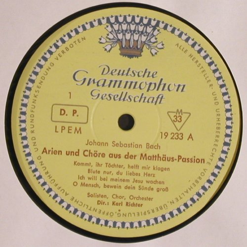 Bach,Johann Sebastian: Mathäus-Passion-Chöre u.Arien, Deutsche Gramophon(LPEM 19 233), D, Mono, 1966 - LP - K1286 - 12,50 Euro