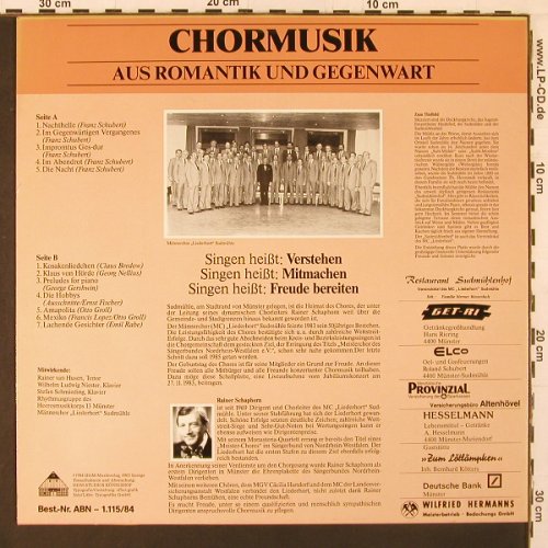 MC Liederhort Sudmühle: Chormusik aus Romantik & Gegenwart, HGM-Musikverlag (ABN-1.115/84), D, 1984 Typ: LP Best.-Nr.: K134 Preis: 9,00 Euro