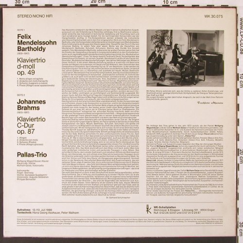 Brahms,Johannes / Mendelssohn: Klaviertrios C-Dur / d-moll, WK-Schallplatten(WK 30.075), D, 1980 - LP - K172 - 7,50 Euro