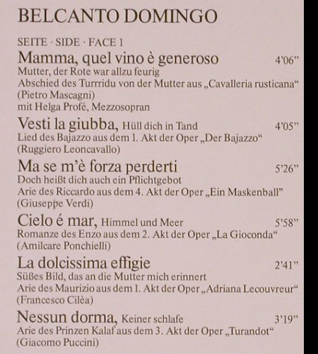 Domingo,Placido: Belcanto Domingo, Teldec (6.42954 AG), D, Ri, 1983 Typ: LP Best.-Nr.: K190 Preis: 7,50 Euro