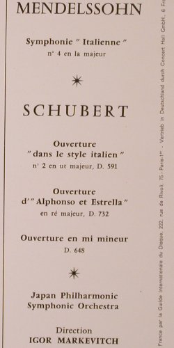 Mendelssohn Bartholdy / Schubert: Sym.Italienne No.4 / D.591,732, 648, Concert Hall (SMS 2682),  Typ: LP Best.-Nr.: K241 Preis: 7,50 Euro