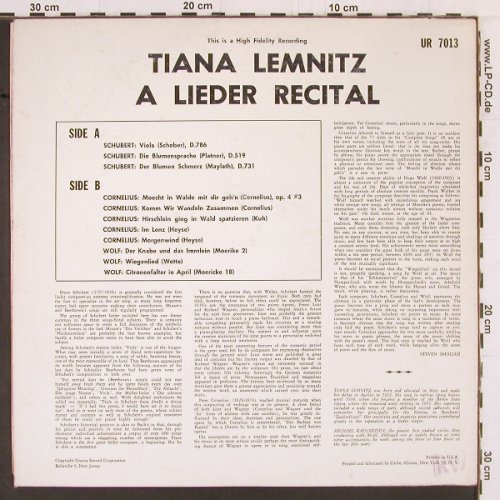 Lemnitz,Tiana: A Lieder Recital. Schubert, Corneli, Urania(UR 7013), US, 1951 - LP - K429 - 9,00 Euro