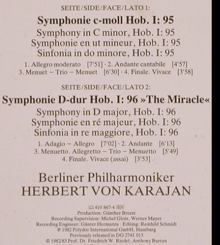 Haydn,Joseph: Sinfonien No.95, No.96 The Miracle, D.Gr. (410 867-1), D, 1983 Typ: LP Best.-Nr.: K482 Preis: 9,00 Euro