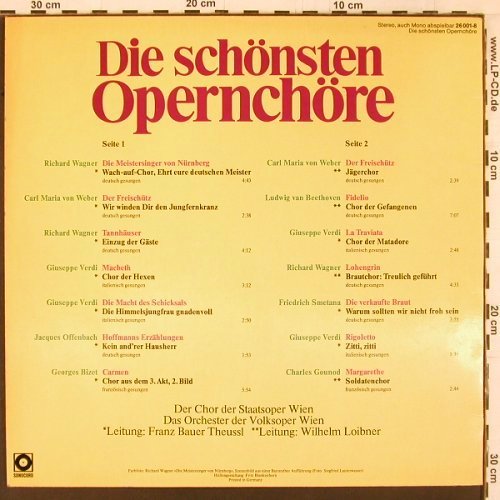 V.A.Die schönsten Opernchöre: Der Chor der Staatsoper Wien, Sonocord (26 001-8), D Typ: LP Best.-Nr.: K540 Preis: 5,00 Euro