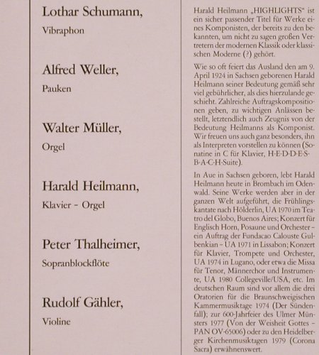 Heilmann,Harald: Highlights, Kammermusik d 20.Jahrh., Pan Verlag Vleugels (OV-65004), D Typ: LP Best.-Nr.: K586 Preis: 17,50 Euro