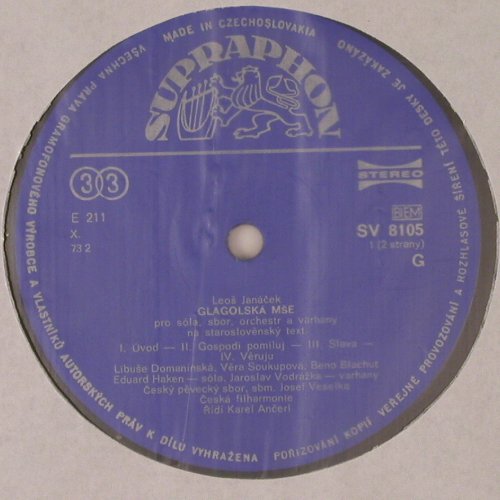 Janacek,Leos: Glagolska Mse, m-/vg+, Supraphon (SV 8105 G), CSSR, 1965 Typ: LP Best.-Nr.: K593 Preis: 5,00 Euro