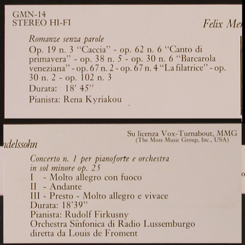Mendelssohn Bartholdy,Felix: Romanze Senza Parole / Concerto 1, Fabbri Editori (288340), I, 1981 Typ: LP Best.-Nr.: K653 Preis: 5,00 Euro