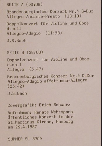 Bach,Johann Sebastian: Brandenburgische Konzerte Nr.4 u.5, Summer (SL 8705), D, 1987 Typ: LP Best.-Nr.: K678 Preis: 9,00 Euro