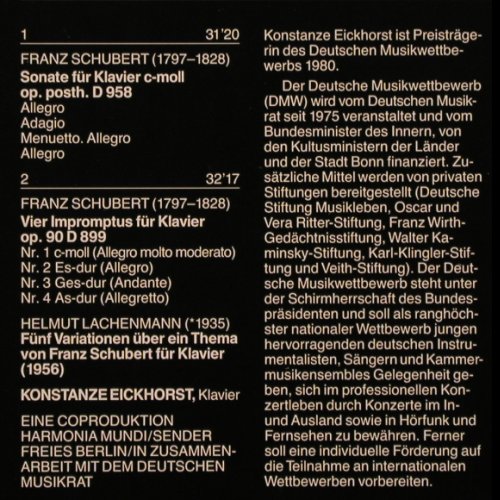 Schubert,Franz / Helmut Lachenmann: Sonate f.Klavier D958/ 5Variationen, Harmonia Mundi(DMR 2011), D, 1986 - LP - K680 - 12,50 Euro