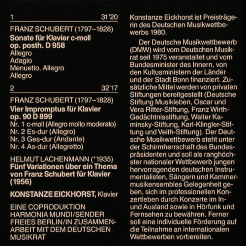 Schubert,Franz / Helmut Lachenmann: Sonate f.Klavier D958/ 5Variationen, Harmonia Mundi (DMR 2011), D, 1986 Typ: LP Best.-Nr.: K680 Preis: 12,50 Euro