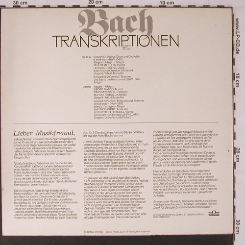 Bach,Johann Sebastian: Transkriptionen nach BWV 1060, Grünenthal(F 65467), D,  - LP - K774 - 6,00 Euro