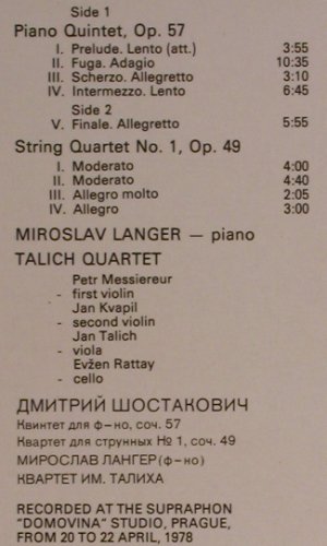 Schostakowitsch,Dmitri: Piano Quintet / String Quartet No.1, Supraphon (1111 2484 G), CZ, 1981 Typ: LP Best.-Nr.: K802 Preis: 9,00 Euro