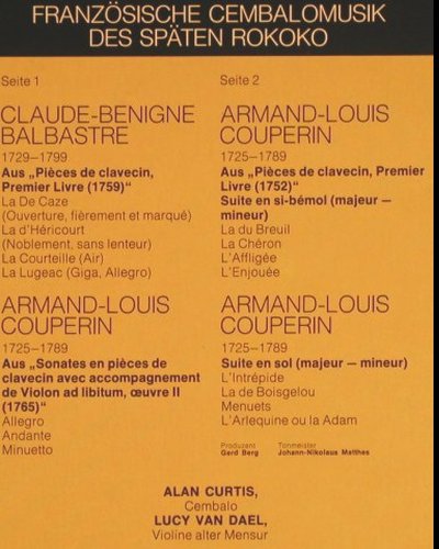 V.A.Clavecinmusik um Louis XV: Alan Curtis, Lucy van Dael, Foc, EMI / Reflexe (66694 1), D, m-/vg+, 1976 Typ: LP Best.-Nr.: K832 Preis: 6,00 Euro