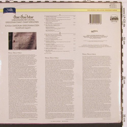 Schola Cantorum Gregoriana Essen: Deus, Deus Meus, Foc, FS-New, Novalis (150 009-1), CH, Ri, 1986 Typ: LP Best.-Nr.: K927 Preis: 7,50 Euro