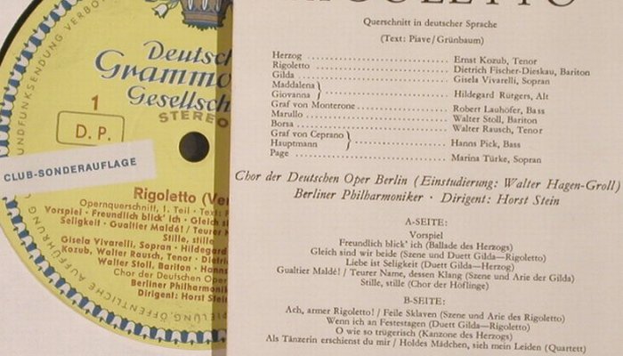Verdi,Giuseppe: Rigoletto - Querschnitt, in deutsch, D.Gr. Club Ed. (6343), D Typ: LP Best.-Nr.: L112 Preis: 6,00 Euro