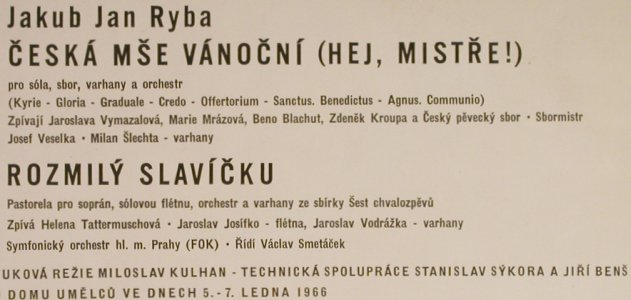 Ryba,Jakub Jan: Ceska Mse Vanocni, m-/vg+, Supraphon(SV 8341), CZ, 1967 - LP - L1353 - 6,00 Euro