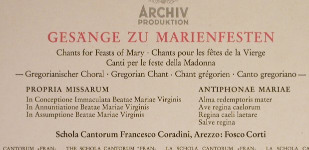 Schola Cantorum Francesco Coradini: Gesänge zu Marienfesten, Foc, Archiv Produktion(2533 310), D,m-/vg+, 1972 - LP - L1443 - 5,00 Euro