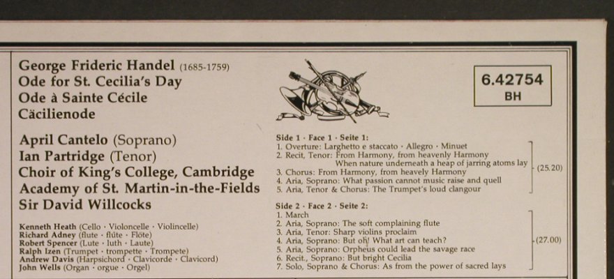 Händel,Georg Friedrich: Ode for St.Cecilia's Day, Decca Serenata(6.42754 BH), D, Ri, 1982 - LP - L1452 - 6,00 Euro