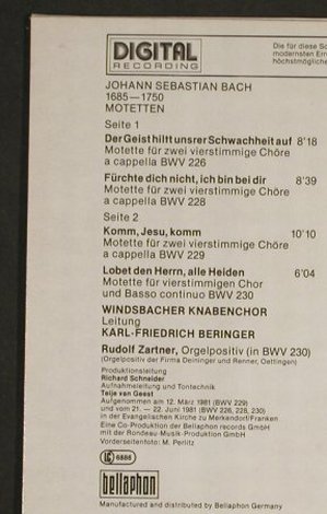 Bach,Johann Sebastian: Motetten BWV 226,228,229,230, Bellaphon(680-01-011), D, 1982 - LP - L1644 - 6,00 Euro