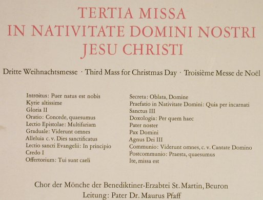 Mönche der Benediktiner-Erzabtei: St.Martin, Beuron.Tertia Missa..Foc, Archiv(198 036), D,Ri,m/vg+,  - LP - L1687 - 6,00 Euro