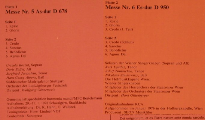 Schubert,Franz: Die großen Messen Nr.5 & 6, Foc, Parnass (34 046 3), D, 1978 Typ: 2LP Best.-Nr.: L1935 Preis: 6,00 Euro