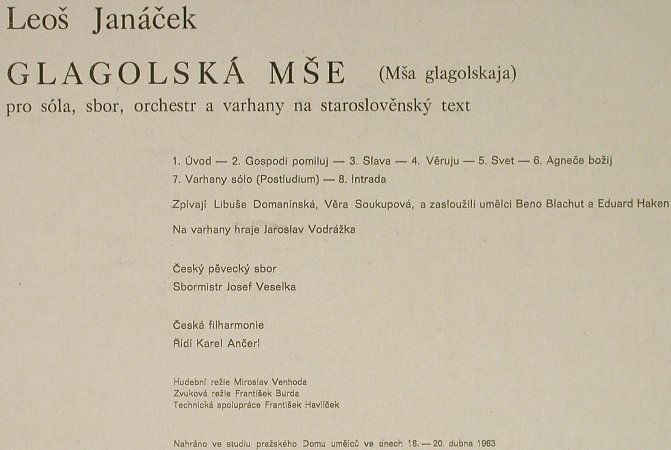 Janacek,Leos: Glagolska Mse (Msa Glagolskaja), Supraphon (SV 8105), CSSR Typ: LP Best.-Nr.: L2275 Preis: 6,00 Euro