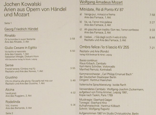 Kowalski,Jochen: Arien a.Opern v.Händel u.Mozart, Eterna (7 25 099), DDR, 1988 Typ: LP Best.-Nr.: L2276 Preis: 7,50 Euro