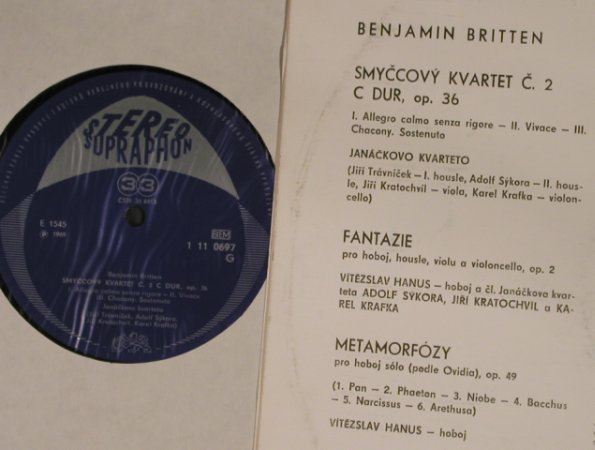 Britten,Benjamin: Smyccovy Kvartet C.2/Fantazie,Metam, Supraphon(1 11 0697), CZ,vg+/vg+, 1969 - LP - L2527 - 7,50 Euro