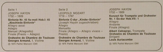 Haydn,Joseph / Leopold Mozart: Kinder-Sinfonie, Abschieds-Sinf.., EMI (027-12 140), D, Foc, 1970 Typ: LPQ Best.-Nr.: L2645 Preis: 6,00 Euro