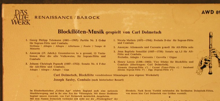 Dolmetsch,Carl: Blockflöten-Musik, Vg+/Vg+, Decca,Das Alte Werk (AW 8903-E), D Typ: 10" Best.-Nr.: L2749 Preis: 4,00 Euro