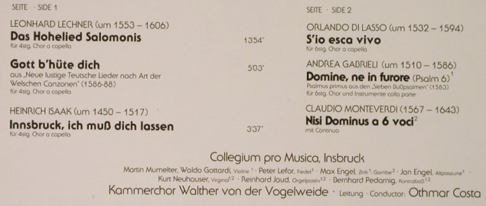 V.A.Innsbruck, ich muß dich lassen: Chormusik der Renaissance, Telefunken(6.42583 AQ), D, 1980 - LP - L2820 - 5,00 Euro