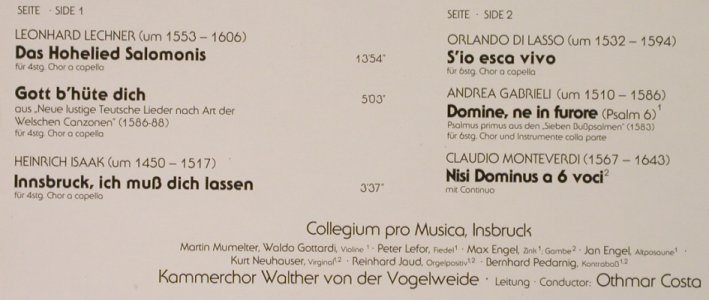 V.A.Innsbruck, ich muß dich lassen: Chormusik der Renaissance, Telefunken (6.42583 AQ), D, 1980 Typ: LP Best.-Nr.: L2820 Preis: 5,00 Euro