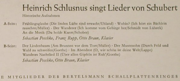Schlusnus,Heinrich: Singt Lieder von Schubert,Hist.Aufn, D.Gr.(J 73 101), D, Club, 1964 - 10inch - L2825 - 5,00 Euro