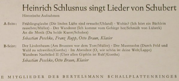 Schlusnus,Heinrich: Singt Lieder von Schubert,Hist.Aufn, D.Gr. (J 73 101), D, Club, 1964 Typ: 10" Best.-Nr.: L2825 Preis: 5,00 Euro