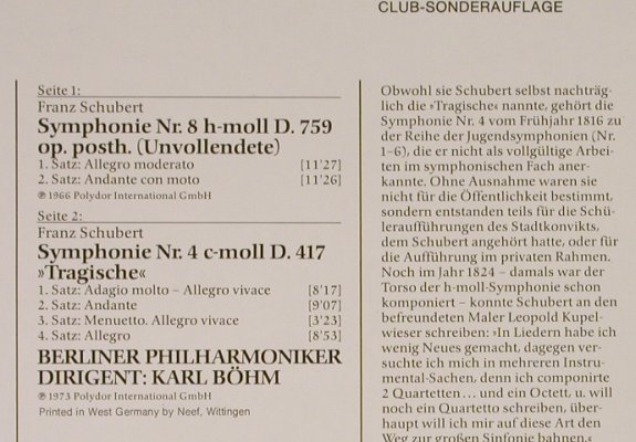 Schubert,Franz: Sinfonie Nr.4 & Nr.8, D.Gr. Club Ed. (26 209-7), D,Ri, 1973 Typ: LP Best.-Nr.: L2829 Preis: 5,00 Euro