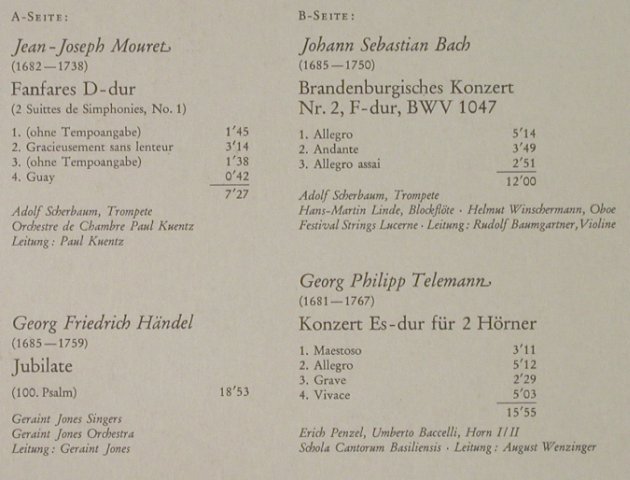 V.A.Festliches Barock: Mouret,Bach,Händel,Telemann, Archiv (104 810), D, 1964 Typ: LP Best.-Nr.: L3202 Preis: 6,00 Euro