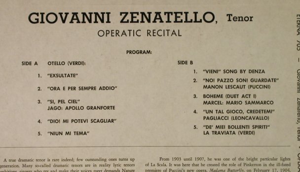 Zenatello,Giovanni: Operatic Recital, (Tenor) vg+/m-, Eterna (705), US Typ: LP Best.-Nr.: L3220 Preis: 5,50 Euro