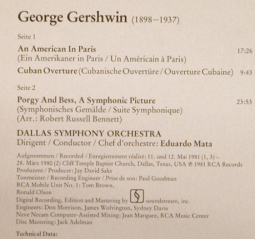 Gershwin,George: An American In Paris/Porgy And Bess, RCA (RL 45158), D, 1982 Typ: LP Best.-Nr.: L3576 Preis: 7,50 Euro