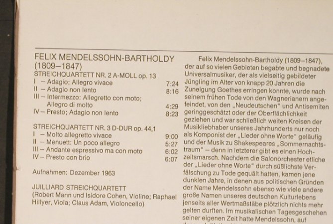 Mendelssohn-Bartholdy,Felix: Streichquartette Nr.2 & 3, m-/vg+, CBS(61 587), D, 1975 - LP - L3590 - 5,00 Euro
