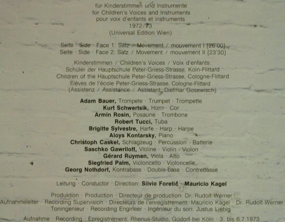 Kagel,Mauricio: '1898', für Kinderstimmen u.Instrum, D.Gr. (2543 007), D, Foc, 1973 Typ: LP Best.-Nr.: L3995 Preis: 40,00 Euro