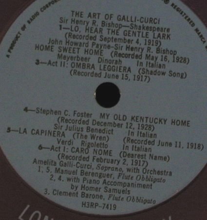 Galli-Curci,Amelita: The Art Of, RCA (CAL 410), US Typ: LP Best.-Nr.: L4276 Preis: 7,50 Euro