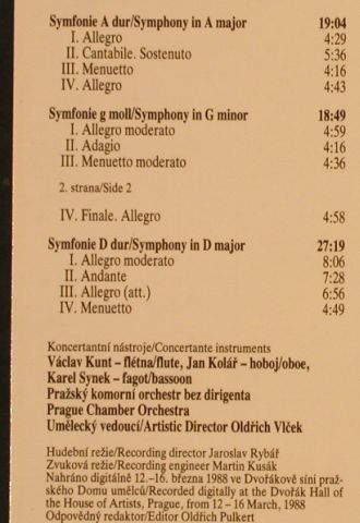 Vanhal,Jan Krittel: Symphonies in A-major,Gminor,Dmajor, Supraphon(11 0756-1), CZ, 1990 - LP - L4278 - 6,00 Euro