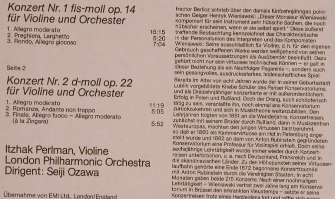 Wieniawski,Henryk: Violinkonzerte, op.14, op.22, Eterna,vg+/m-(8 27 060), DDR, 1978 - LP - L4291 - 4,00 Euro