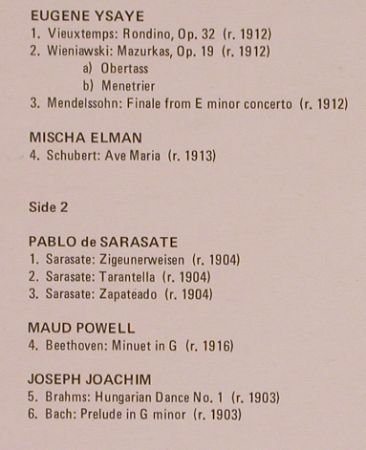 V.A.Great Virtuosi o.t.Golden Age 1: Ysaye,Sarasaste,Joachim,Elman,Powel, Pearl Historical (GEMM 101), UK, Mono Typ: LP Best.-Nr.: L4367 Preis: 7,50 Euro