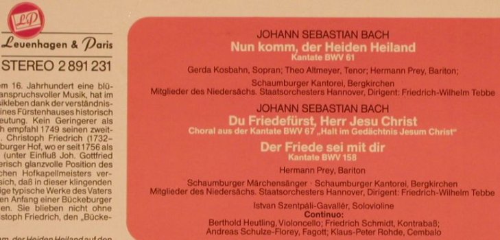 Bach,Johann Sebastian: Bückeburger Schloßkonzert,BWV61,158, Schwann/Leuenhagen&Paris (2891 231/90010), D Typ: LP Best.-Nr.: L4392 Preis: 5,00 Euro