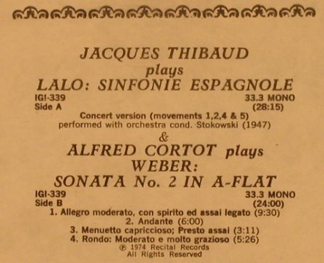 Thibaud,Jacques / Alfred Cortot: Lalo:Sinfonie Espagnole/Weber S.No2, Recital Records(IGI-339), m /vg+, 1974 - LP - L4411 - 20,00 Euro