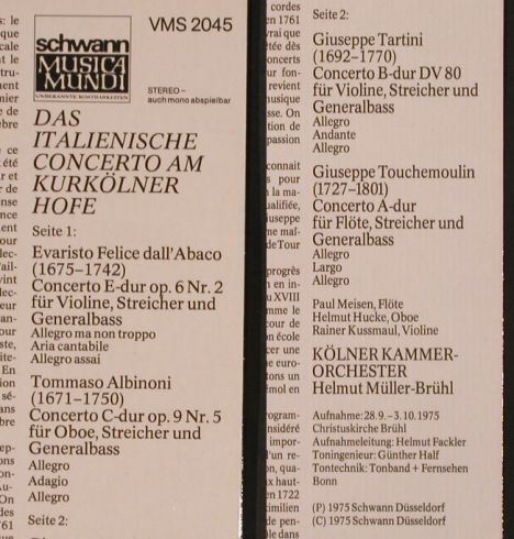 V.A.Das italienische Concerto am: KurKölner Hofe, Schwann (VMS 2045), D, 1975 Typ: LP Best.-Nr.: L4423 Preis: 7,50 Euro