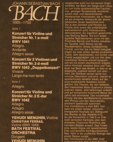 Bach,Johann Sebastian: Violinkonzerte Nr.1-3, Ri, EMI(037-00 174), D, 1960 - LP - L4514 - 7,50 Euro
